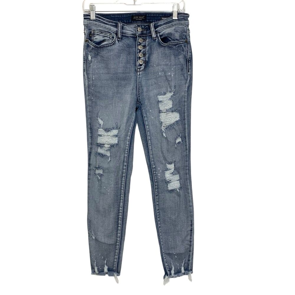 Judy Blue Jeans Skinny Fit 7/28 Stretch Medium Wash Raw Hem Button Fly Denim